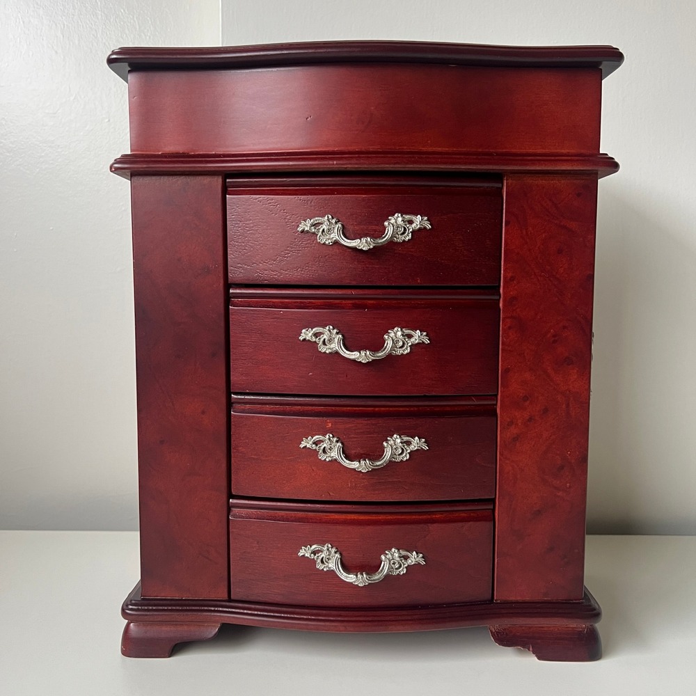 Wooden Cherry Finish Jewelry Armoire Box Mirror 4 Drawers Side Necklace Doors